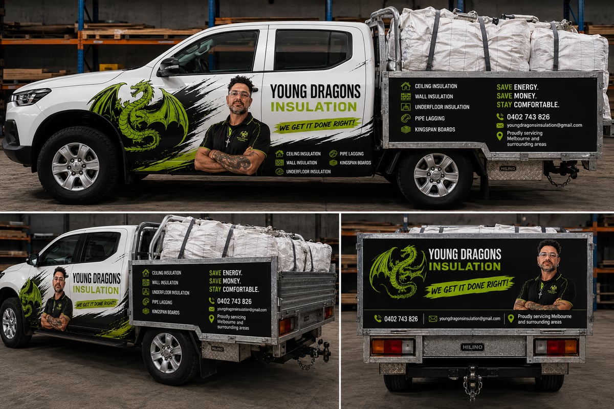 Young Dragons Insulation branded ute loaded with insulation batts